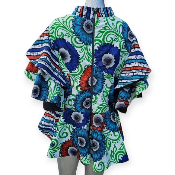 Handmade Abstract Oversized Dramatic Ruffle Sleeve Peplum Blue Green Top - Picture 5 of 9